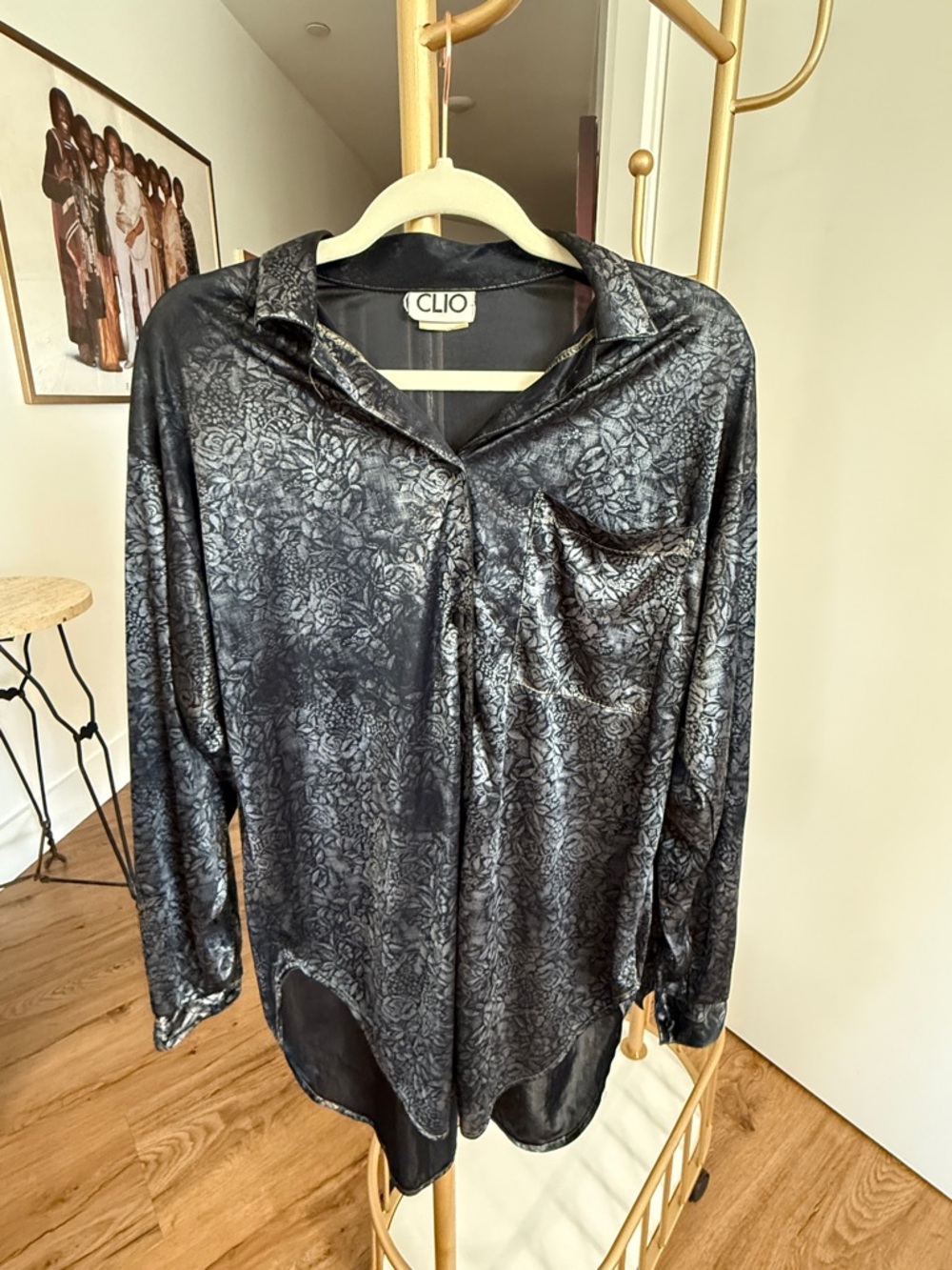 True Vintage 90s Made in the USA Clio Black Floral Oversized Silky Shirt